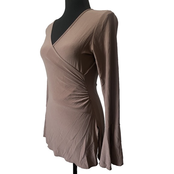 Women's Brown V Neck Faux Wrap Flare Sleeve Stretchy Casual Boho Y2K M - Picture 3 of 6
